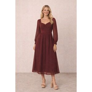 NWT RIHOAS Burgundy Dotted Midi Dress Women's Long Sleeve Sheer Sleeve Size S